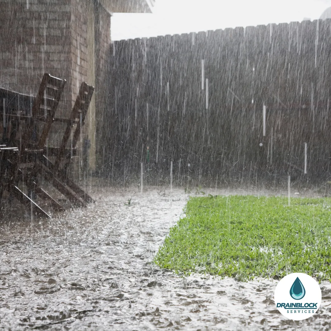 Heavy rainfall flooding a garden and patio area due to poor stormwater drainage — emergency drain services needed in Plymouth.