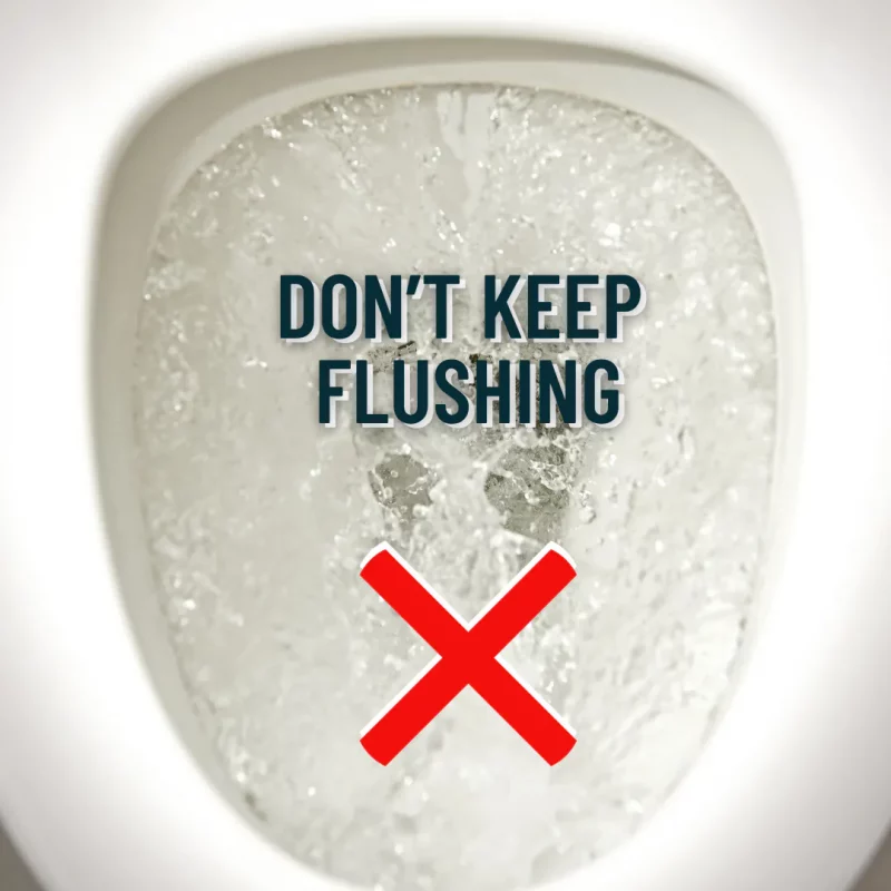 Overhead view of a flushing toilet with the words “Don’t Keep Flushing” and a red X — blocked toilet warning by Drainblock Services Plymouth & Cornwall.