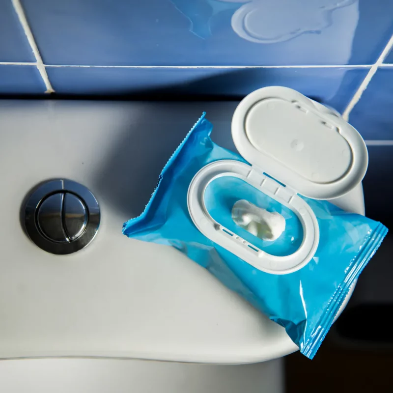 Open packet of wet wipes on a toilet cistern — a major cause of fatbergs and blocked drains in Plymouth households.
