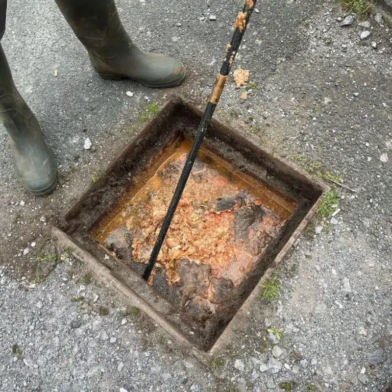 Fatberg buildup inside a residential manhole being cleared with specialist drain rods — fatberg removal and drain unblocking in Plymouth, Devon.