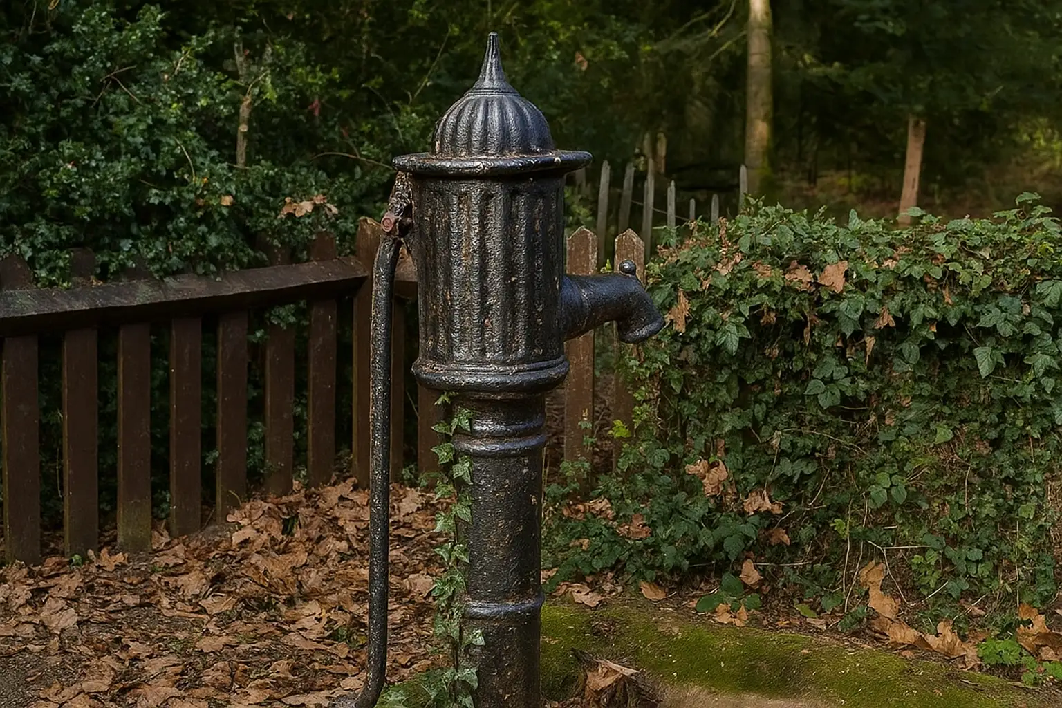 Old cast iron water pump in a leafy corner of a Cornish village, surrounded by ivy and fencing — traditional rural drainage feature in Cornwall.