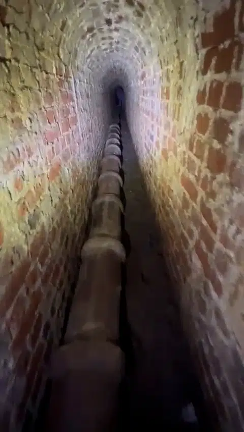 Inside the Victorian drainage tunnels beneath Puslinch House in Cornwall, showing brick-lined passage and historic clay pipework.