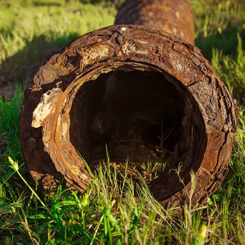 Rusty hollow metal pipe lying on green grass with a dark interior opening facing the camera.