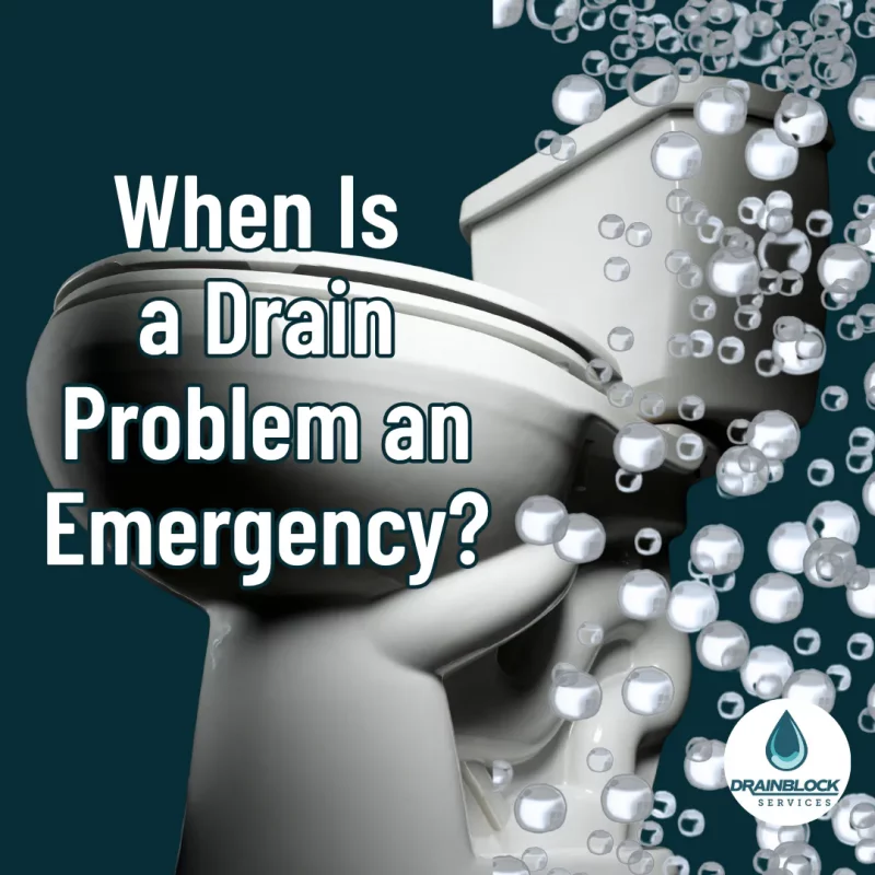 When is a Drain Problem an Emergency - Emergency Drain Unblocking Plymouth Drain Block Services Plymouth Devon Cornwall - Drainblock Services Poster-style graphic with the question 'When Is a Drain Problem an Emergency?' beside a 3D sink drain and numerous bubbles, DrainBlock Services logo in corner.